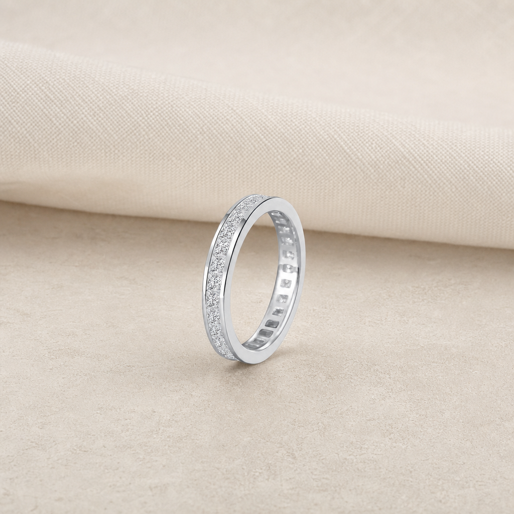 Impimo 2.3 CT Moissanite Princess Cut Ring - 925 Sterling Silver with 18K White Gold Plating | additional view on ivory linen
