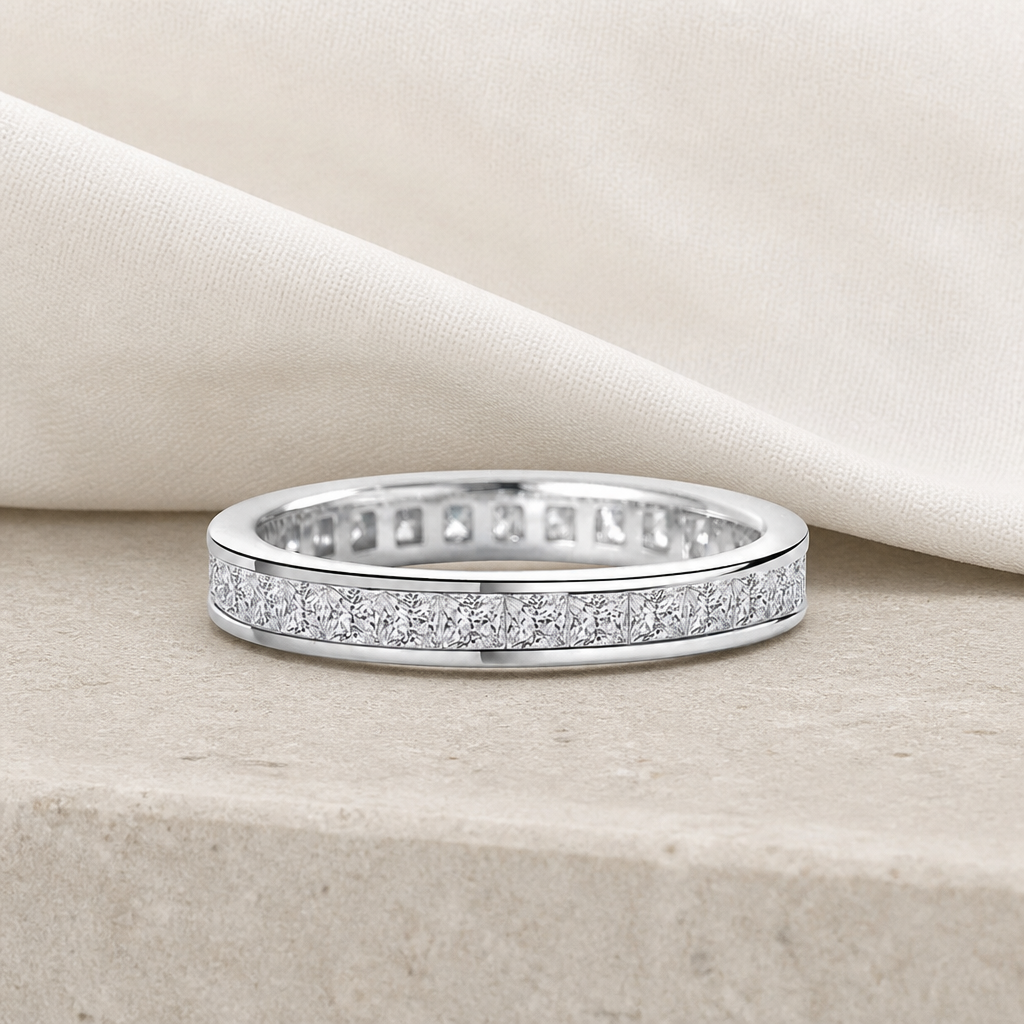 Impimo 2.3 CT Moissanite Princess Cut Ring - 925 Sterling Silver with 18K White Gold Plating | additional view on ivory linen
