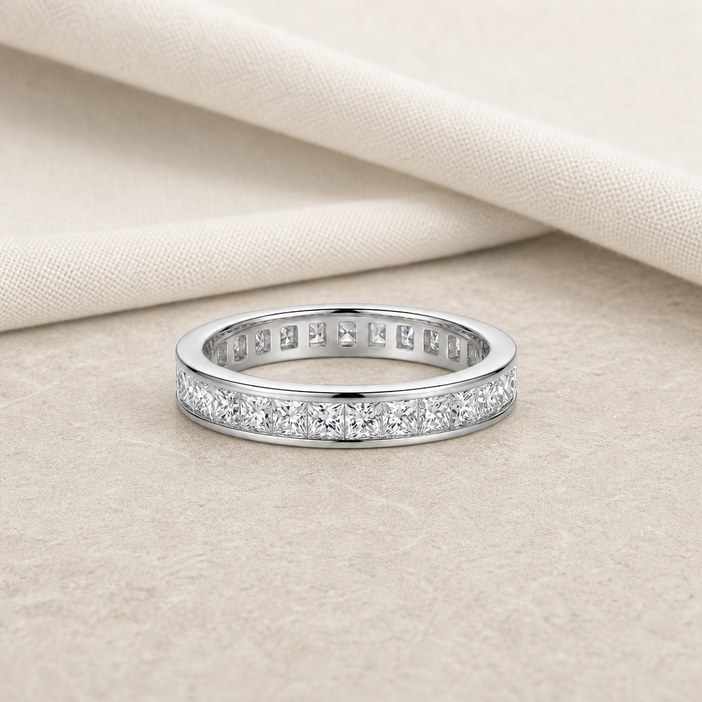 Impimo 2.3 CT Moissanite Princess Cut Ring - 925 Sterling Silver with 18K White Gold Plating | additional view on ivory linen
