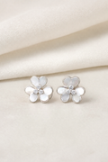 Impimo Natural Mother of Pearl & Moissanite Flower Stud Earrings - 925 Sterling Silver with 18K White Gold Plating — display view
