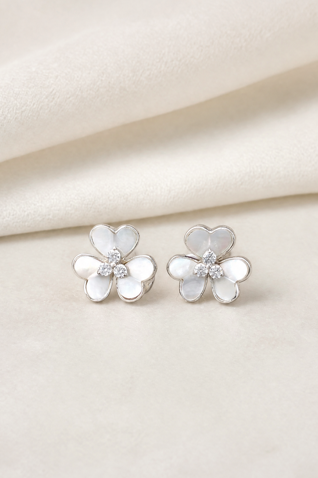 Impimo Natural Mother of Pearl & Moissanite Flower Stud Earrings - 925 Sterling Silver with 18K White Gold Plating — display view
