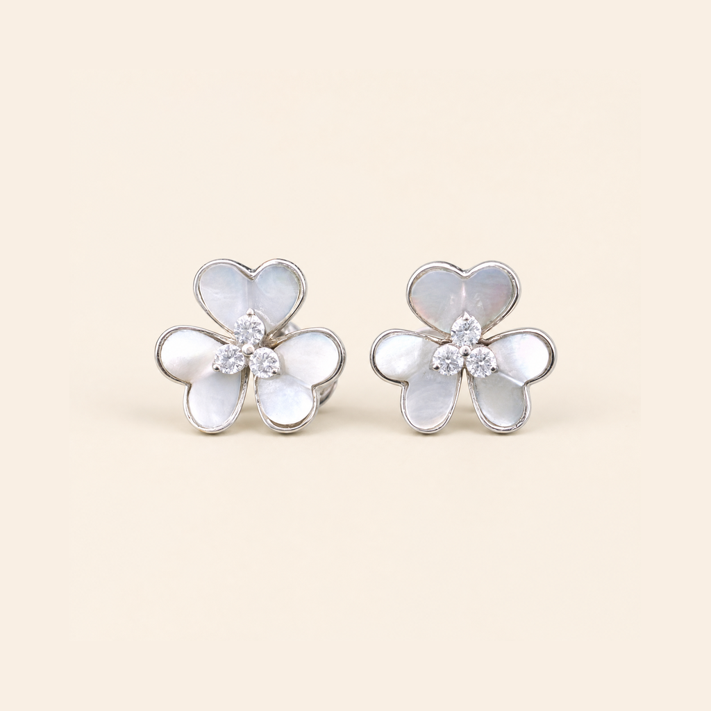 Impimo Natural Mother of Pearl & Moissanite Flower Stud Earrings - 925 Sterling Silver with 18K White Gold Plating — studio packshot