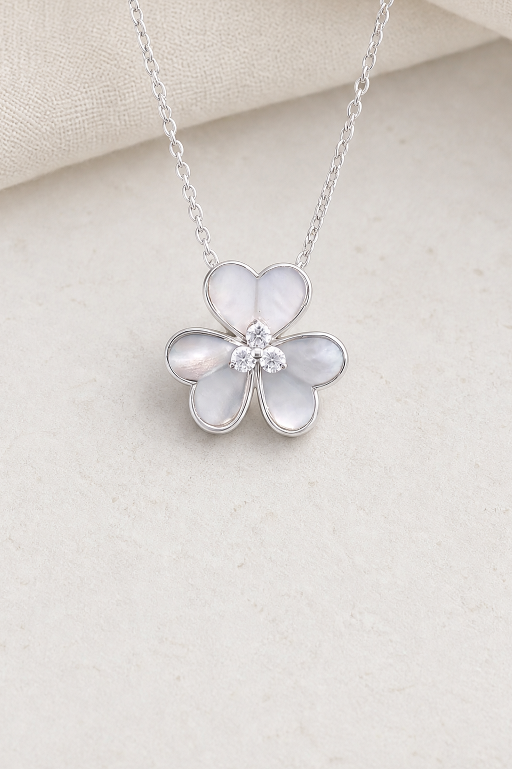 Impimo Natural Mother of Pearl & Moissanite Flower Pendant Necklace - 925 Sterling Silver with 18K White Gold Plating - close detail view