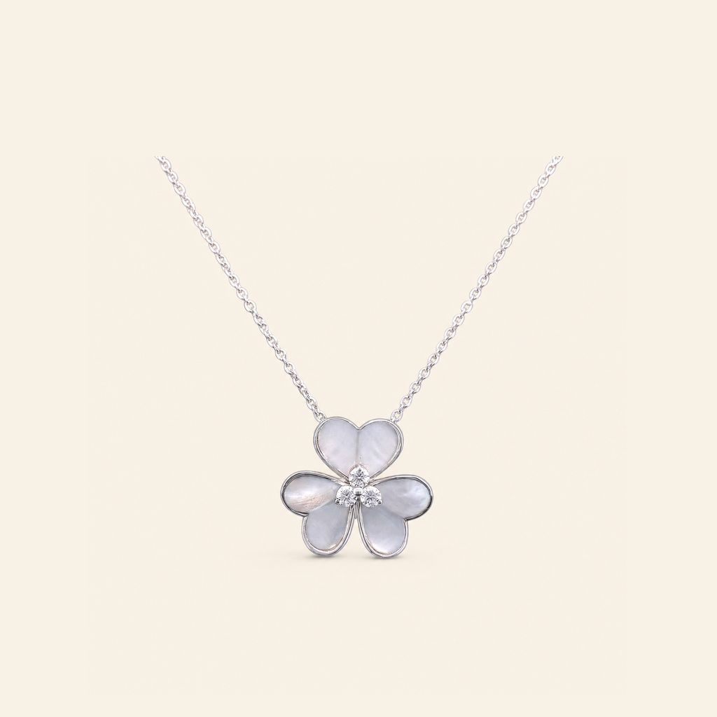Impimo Natural Mother of Pearl & Moissanite Flower Pendant Necklace - 925 Sterling Silver with 18K White Gold Plating - studio packshot