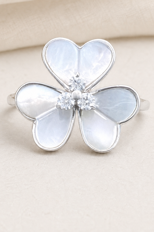 Impimo 0.15 CT Moissanite & Mother of Pearl Flower Ring - 925 Sterling Silver with 18K White Gold Plating - close detail view