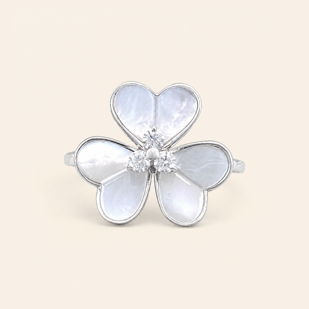 Impimo 0.15 CT Moissanite & Mother of Pearl Flower Ring - 925 Sterling Silver with 18K White Gold Plating - studio packshot