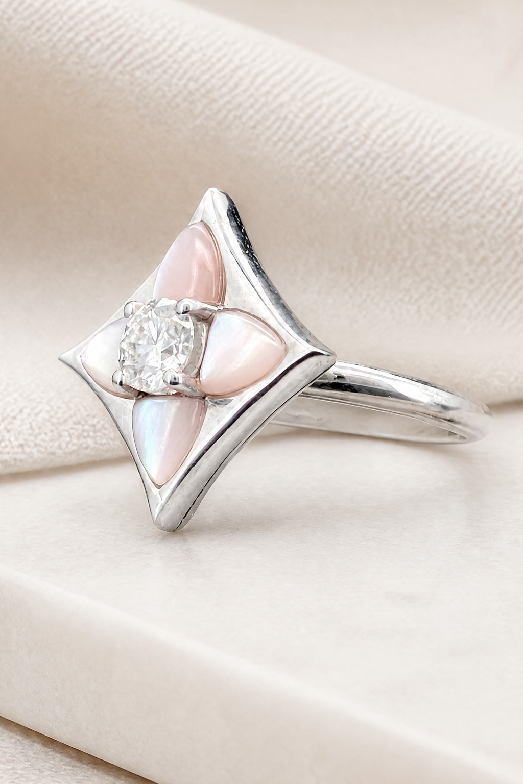Impimo 0.50 CT Moissanite & Pink Mother of Pearl Ring - 925 Sterling Silver with 18K White Gold Plating — close detail