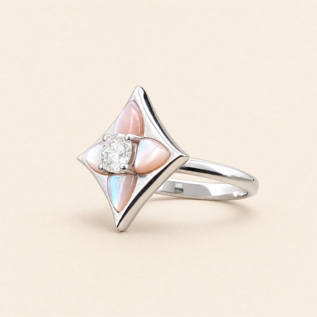 Impimo 0.50 CT Moissanite & Pink Mother of Pearl Ring - 925 Sterling Silver with 18K White Gold Plating — studio packshot