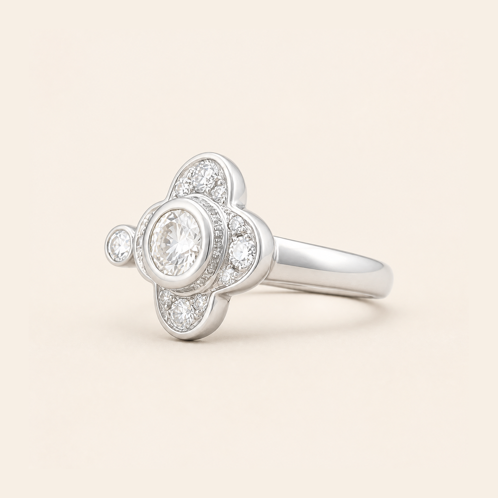 Impimo 0.90 CT Moissanite Vintage Ring - 925 Sterling Silver with 18K White Gold Plating — studio packshot