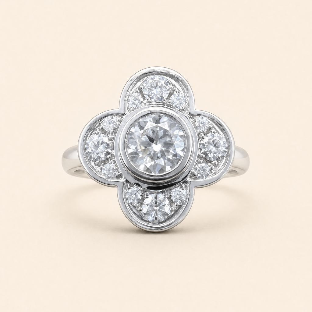 Impimo 1.0 CT Moissanite Floral Ring - 1.6 CT Total - 925 Sterling Silver with 18K White Gold Plating — studio packshot