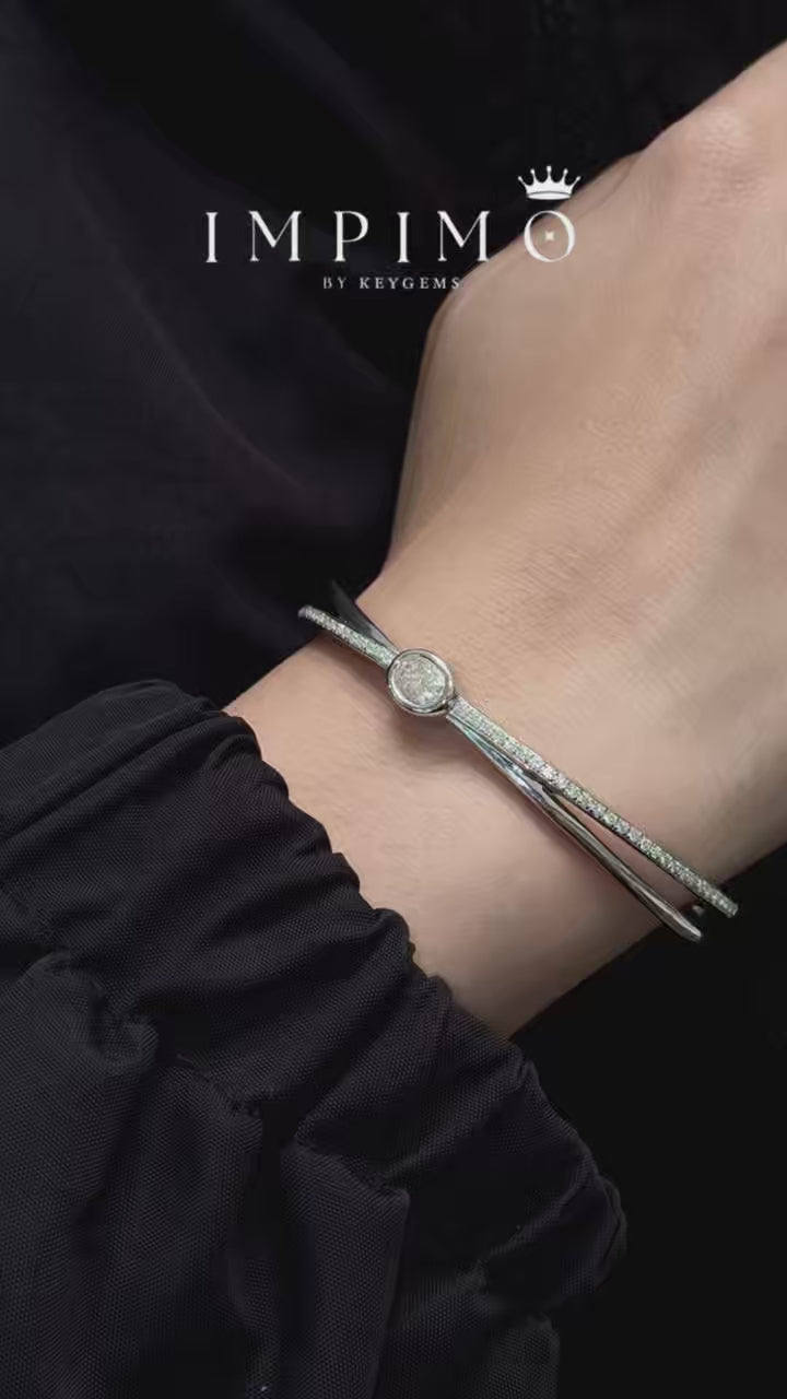 กำไลข้อมือโมซาไนต์ เม็ดกลางทรง Oval โดดเด่น - เงินแท้ 925 ชุบทองคำขาว 18K