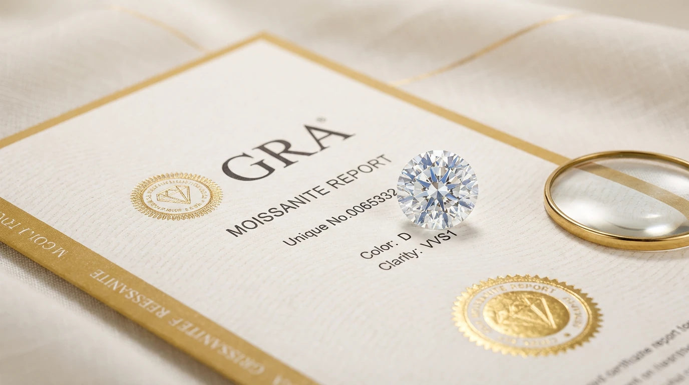 GRA moissanite report certificate with a loose round brilliant moissanite stone, gold certification seals and a jeweller's magnifier on cream linen